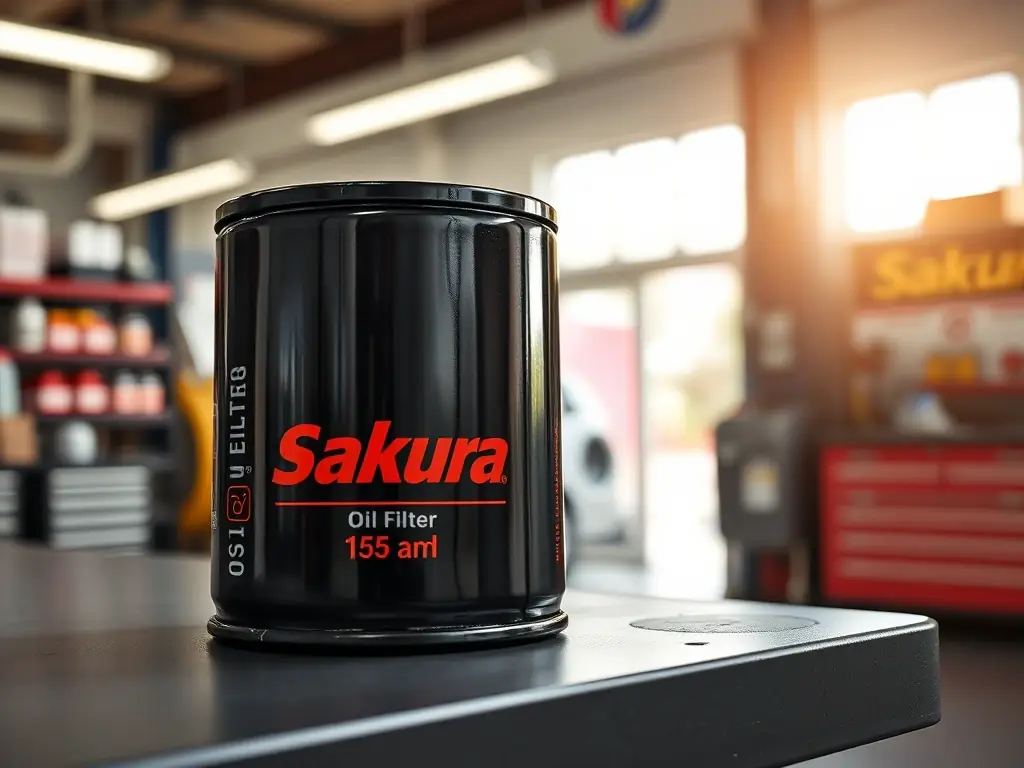 A close-up shot of a brand new Sakura-branded oil filter, highlighting its quality and construction, placed on a clean workbench in the Sakura auto repair shop.