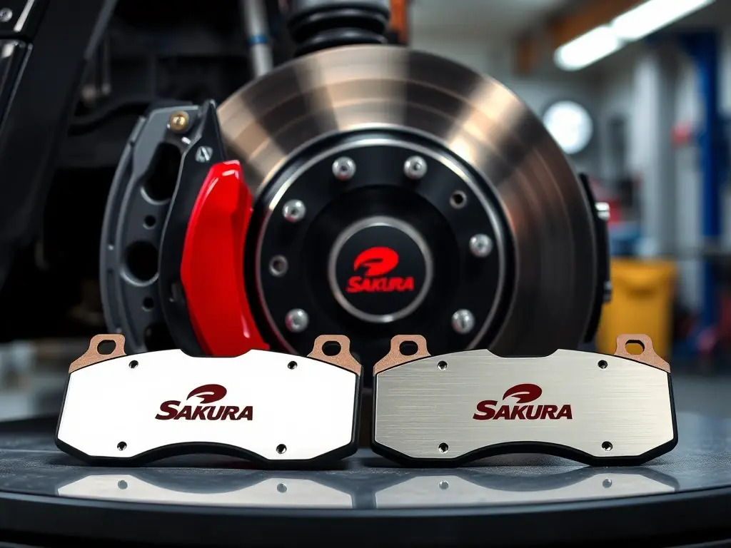 A set of high-performance brake pads with the Sakura logo, displayed against a backdrop of a car's brake rotor and caliper in the Sakura auto repair shop.