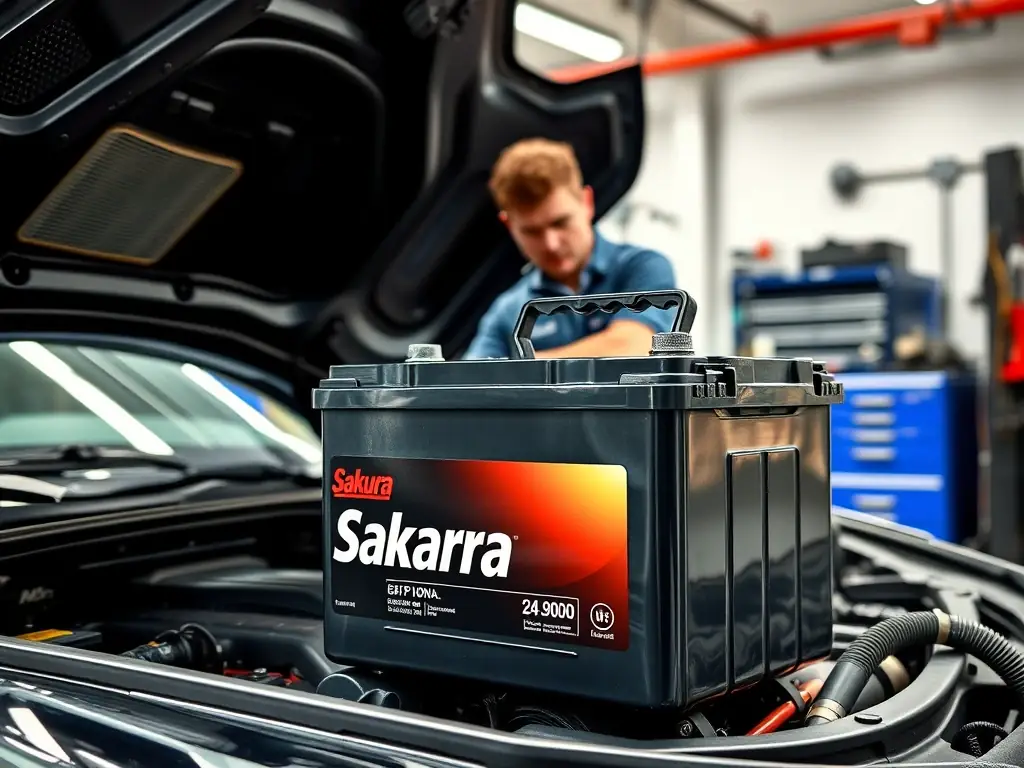 A new car battery with Sakura branding, shown in the context of a car engine bay, with a mechanic nearby ready to install it in the Sakura auto repair shop.