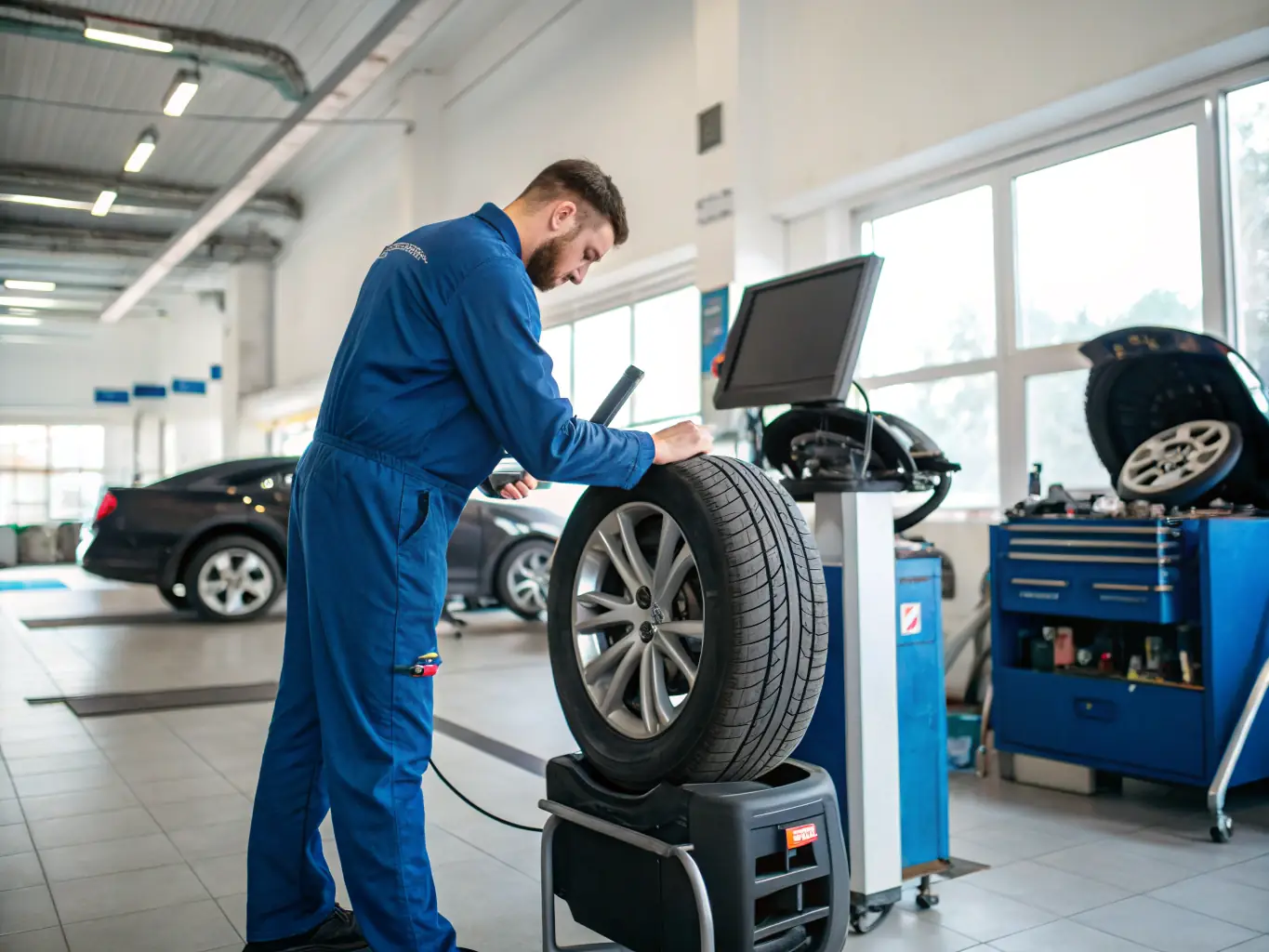 A mechanic expertly fitting a new tire onto a car wheel in a clean, modern auto repair shop, showcasing the tire fitting service.