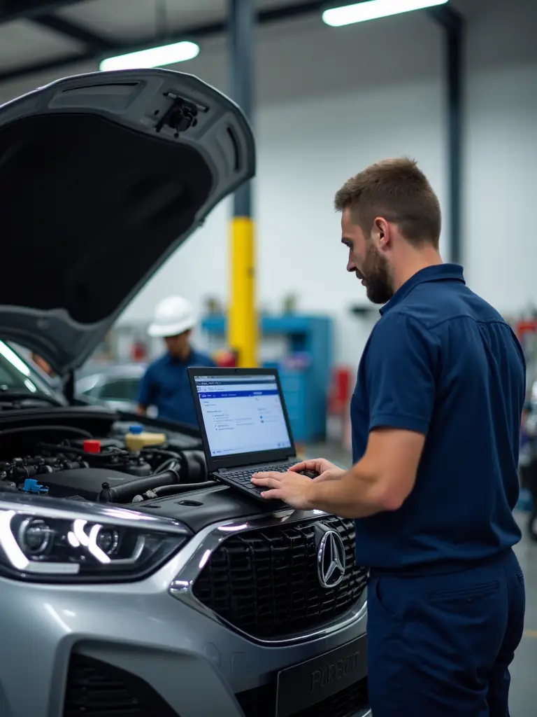 A mechanic using a diagnostic tool on a car's engine, highlighting Sakura's advanced diagnostic capabilities.