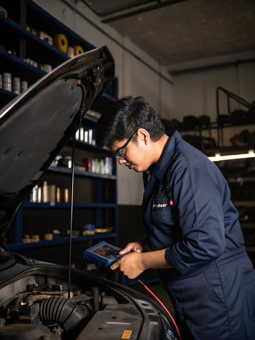 A technician inspecting a car's A/C system, showcasing Sakura's A/C maintenance service.