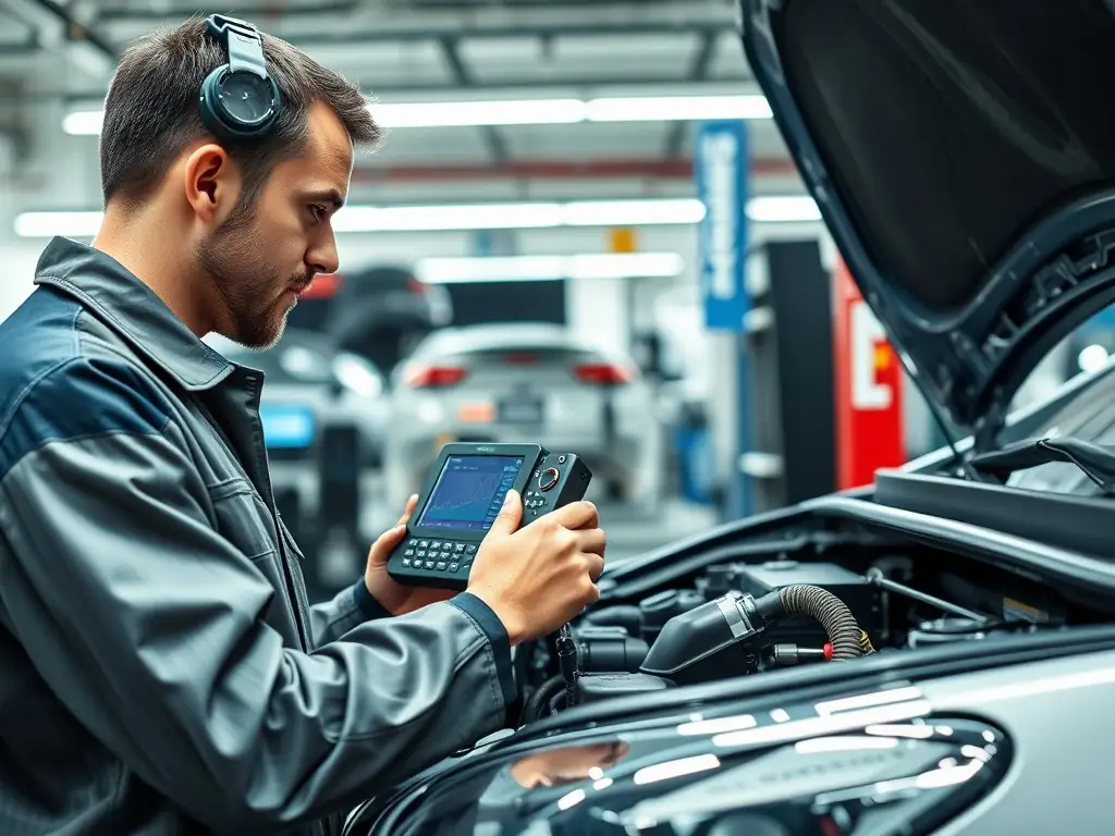 A technician using diagnostic equipment to analyze a car's engine, highlighting the diagnostics service.