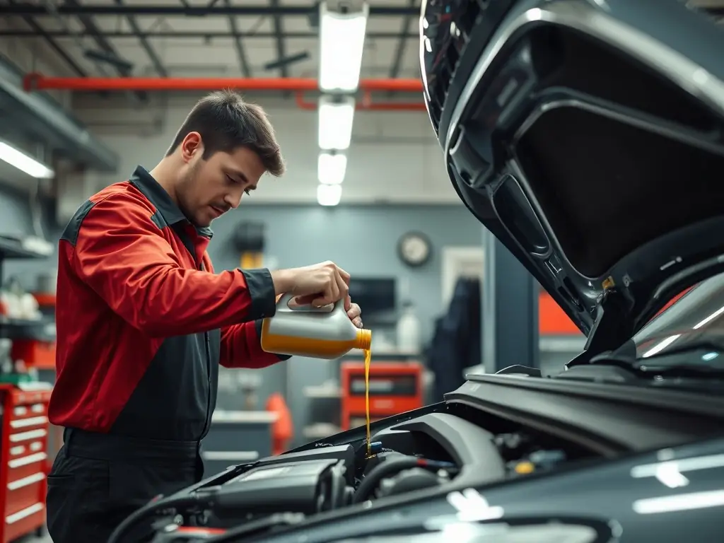 A mechanic performing an oil change on a car, emphasizing the oil change service.